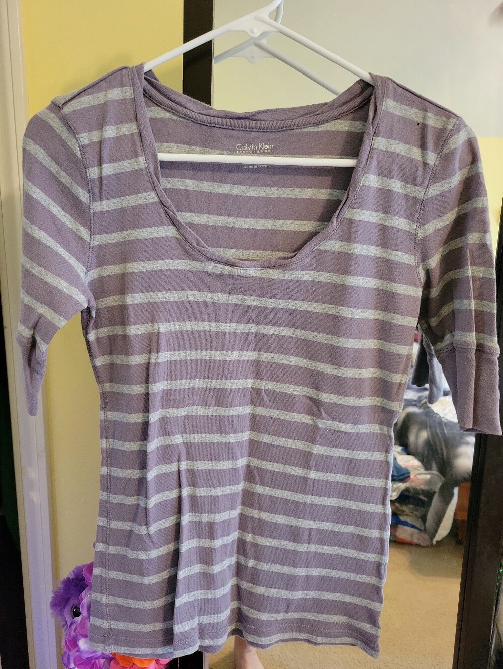 Calvin Klein Lavender and Heather Gray Striped Scoop Neck Tee